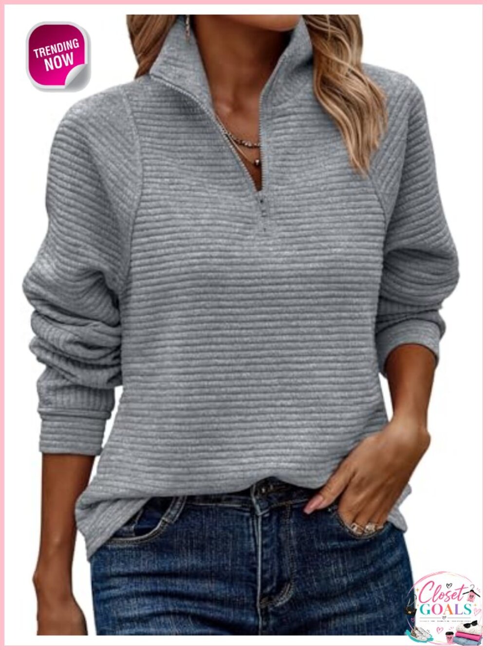 Quarter Zip Waffle Knit Pullover Women Oversized Textured Tunic Sweatshirt